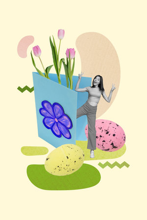 Exclusive magazine picture collage image of dreamy smiling lady celebrating easter preparing gifts...