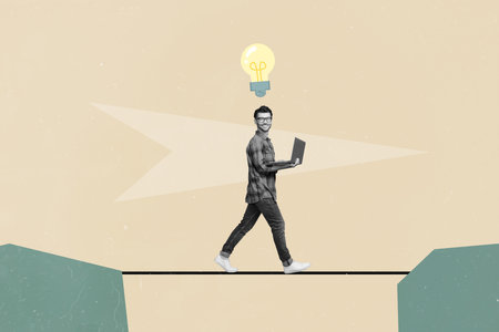 Creative collage picture template of positive clever guy solving task use netbook project startup isolated on painted backgroundの写真素材