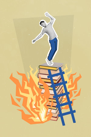 Creative absurd collage image picture poster of crazy guy standing burning books panic stress isolated on painted backgroundの写真素材