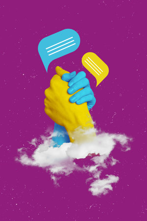Composite collage photo banner concept support ukraine stop war hands together textbox blue yellow independence isolated on fuchsia backgroundの写真素材