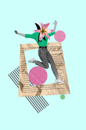 Composite photo collage of young headless girl lily flower jumping lightness have fun fresh plant...