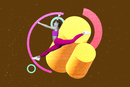 Collage minimal photo of young professional gymnast woman coach banner active motion jumping exercise motivation isolated on brown backgroundの写真素材