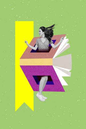 Vertical minimal collage photo of young addicted reader books girl academic inside absurd book page enjoy literature isolated on green backgroundの写真素材