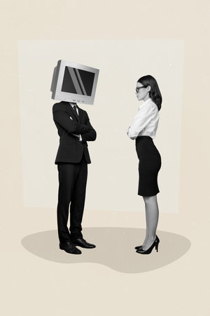 Collage creative composite artwork minimal template of two business partners headless computer monitor overwork isolated on gray backgroundの写真素材