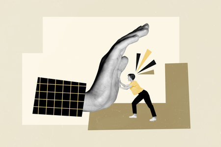 Creative collage portrait of mini black white gamma astonished girl touch huge arm palm isolated on drawing backgroundの写真素材