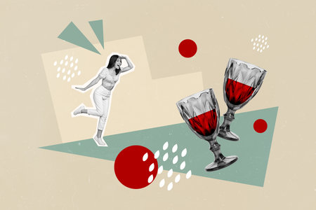 Exclusive painting magazine artwork image of cheerful glad lady looking ahead dream weekend tasty wine isolated on drawing backgroundの写真素材