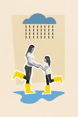 Creative collage picture sketch of positive cheerful girl enjoy walk good mood isolated on painted backgroundの写真素材