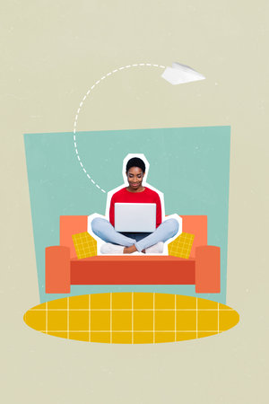 Creative bright collage picture sketch artwork of happy man sitting comfort sofa chatting colleagues friends isolated on painted backgroundの写真素材