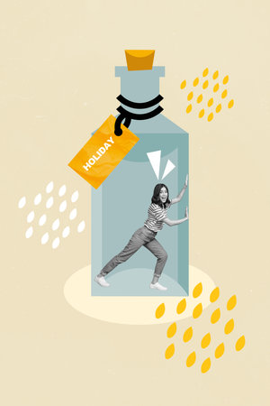 Creative 3d collage artwork picture image sketch of crazy funky girl inside big glass bottle want go out isolated on drawing backgroundの写真素材