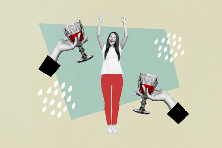 Collage image picture sketch poster of overjoyed girl victory friday mood weekend cheers clink tasty wine isolated on drawing backgroundの写真素材