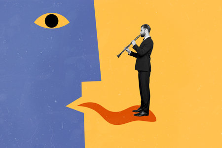 Creative abstract template collage of musician gentleman costume flutist hypnotist face draw head tongue control manipulate surrealismの写真素材