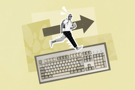 Collage photo picture image poster picture of funky happy guy hurrying collage study coding isolated...
