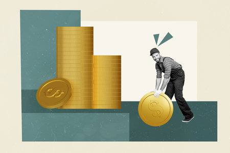 Creative abstract template collage of man rolling big golden coin savings salary bank account rich...