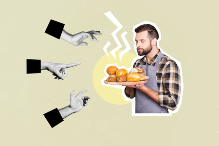 Composite collage picture image of cooker baker worker employee cafe bakery hands customer bread bun croissant smell aroma hold tray tastyの写真素材