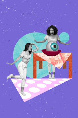Vertical collage image of two black white colors mini girls unbelievable big eyeball table plate isolated on painted purple backgroundの写真素材