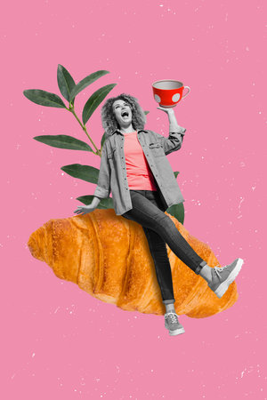 Vertical collage image of overjoyed mini black white colors girl arm hold team cup sit huge croissant plant leaves isolated on pink color backgroundの写真素材