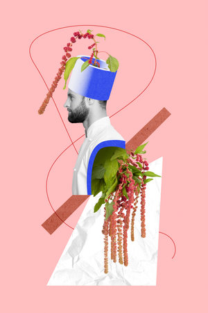 Vertical collage picture of black white colors guy fresh flourish flower plant head isolated on creative pink backgroundの写真素材