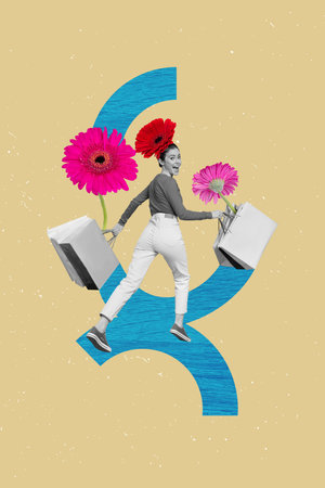 Vertical collage picture of positive black white gamma girl hold bags running big gerbera flowers isolated on beige backgroundの写真素材