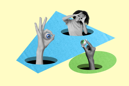 Creative collage portrait of black white gamma mini girl big arms hold eyeballs through hole isolated on drawing backgroundの写真素材