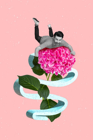 Vertical creative collage 3d sketch photo of funky positive cheerful guy falling on big hydrangea flower isolated on pink color backgroundの写真素材