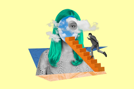 Creative photo collage of man hurry running upstairs to faceless one eyed girl sky instead of face isolated on painting backgroundの写真素材