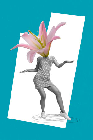 Creative image template collage of strange young youth lady with white lily face dancing active on 8 march day occasionの写真素材