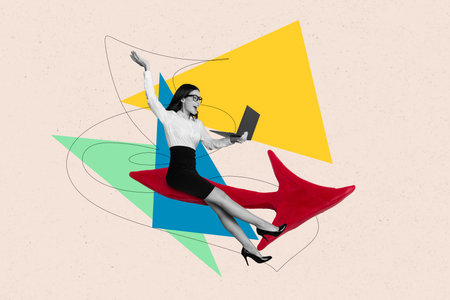 Creative image template collage of happy business lady ride red arrow up enjoy company financial develop netbook analysisの写真素材