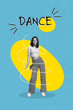 Creative banner poster collage of active crazy lady celebrate stop war ukraine win dancing over national flag colors backgroundの写真素材