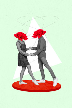 Creative banner poster collage of two people with red petals plants dance together celebrate 8 march occasionの写真素材