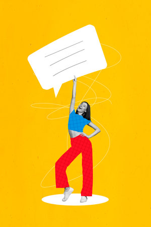 Creative poster banner collage of funny young lady hold white text box with lines advertising comment writing sms on social networkの写真素材