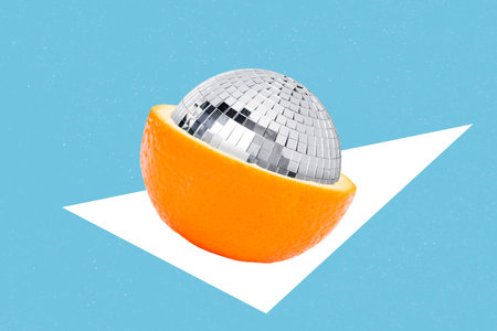 Creative magazine picture of weird mandarin fruit have disco ball core inside fun leisure dancing occasion conceptの写真素材