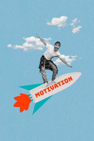 Creative magazine poster collage of crazy excited man full targets courage achieve flight fast motivation rocketshipの写真素材