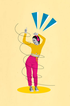 Photo template retro collage of young carefree lady dancing catch vibe listen music have fun visual effect headphones isolated on beige backgroundの写真素材