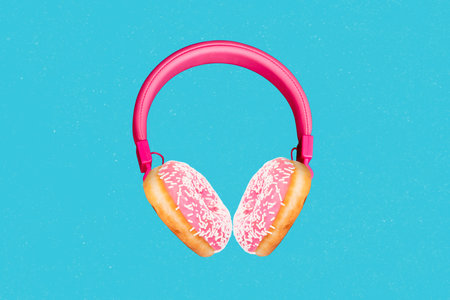 Creative poster template collage of innovative headset with tasty fresh donut cookies high quality sound sweet tasteの写真素材