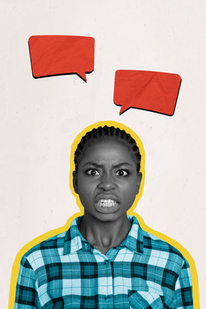 Poster banner template collage of angry outrageous young lady have trouble complain customer support online chatの写真素材