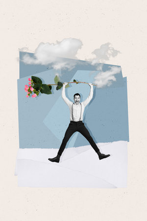 Artwork magazine collage picture of funny funky excited guy rising flowers jumping having fun isolated drawing backgroundの写真素材