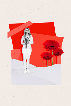 Creative retro 3d magazine collage image of smiling charming lady getting flowers bunch isolated painting backgroundの写真素材