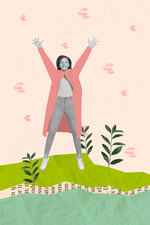 Vertical collage picture of overjoyed carefree black white effect girl jumping isolated on drawing spring backgroundの写真素材
