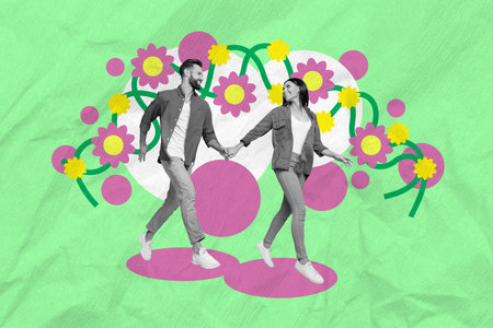 Creative collage portrait of two idyllic black white effect partners hold arms walking isolated on drawing flowers backgroundの写真素材
