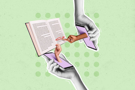 Collage artwork graphics picture of arms growing modern gadgets pointing book isolated painting backgroundの写真素材