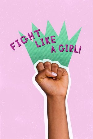 Vertical 3d collage artwork image poster picture of human arm fist be strong fight like a girl isolated on drawing backgroundの写真素材