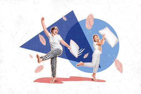 Collage creative 3d artwork picture sketch of cheerful glad people girls waking up have fun together isolated on drawing backgroundの写真素材