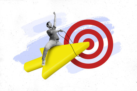 Creative collage image of excited mini black white colors guy sit fly huge arrow pointer darts board targetの写真素材