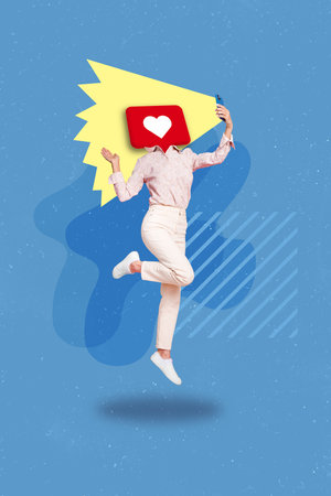 Composite collage photo of young headless popular blogger girl addicted social media popularity recording video selfie isolated on blue backgroundの写真素材
