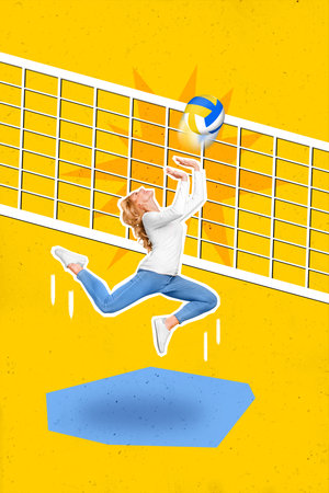 Vertical collage image of sporty active person jumping volleyball ball net isolated on yellow backgroundの写真素材