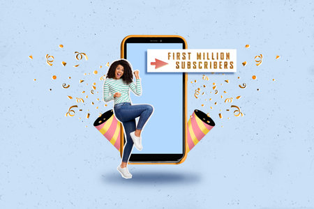 Creative collage of young influencer popular blogger lady raise fists celebrate first million...