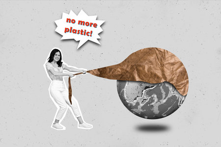 Composite retro poster collage of young activist girl try clean planet no more plastic save earth stop using polyethylene isolated on grey backgroundの写真素材
