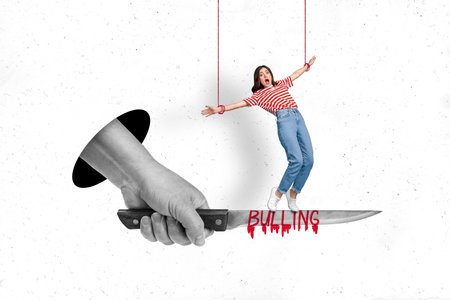 Image of young stressed girl collage concept bullying knife hang ropes authority society pressure...