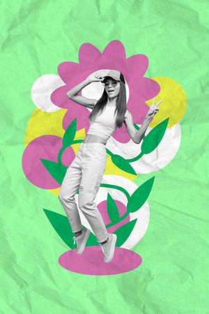 Exclusive magazine picture sketch collage image of excited lady having fun showing v-sing isolated painting backgroundの写真素材