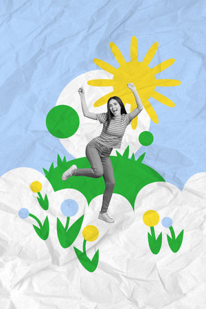 Vertical collage picture of excited cheerful black white effect girl have fun dancing sun warm melt snow green grass first flowersの写真素材